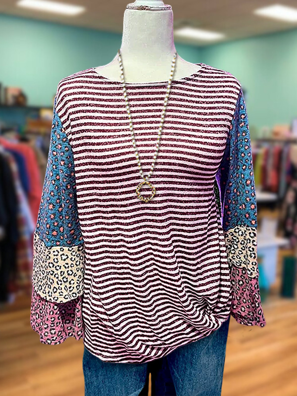 Striped Leopard Print Patchwork Ruffle Sleeve Top