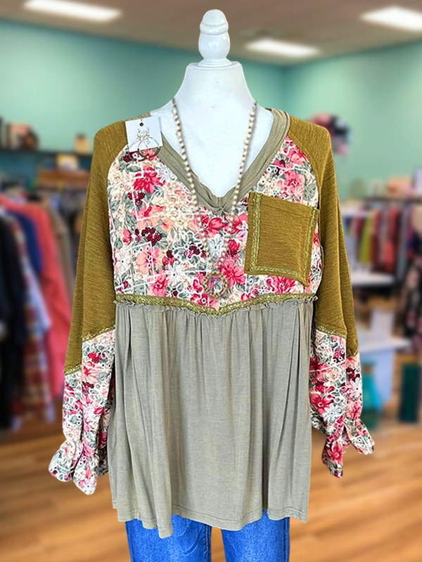 Retro Floral Print Patchwork Ruffle Sleeve Top