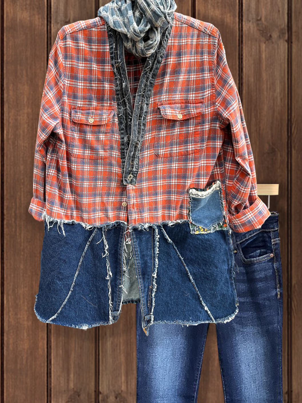 Retro Denim Plaid Patchwork Top