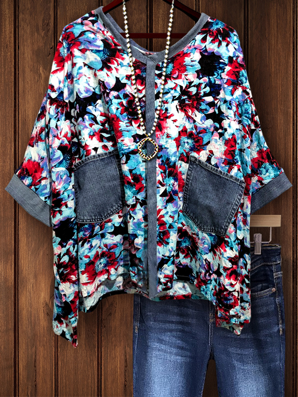 Loose Denim Patchwork Floral Top