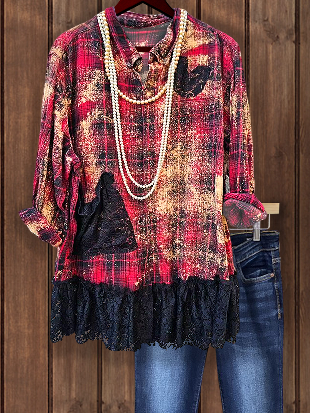 Retro Plaid Print Lace Ruffle Hem Top