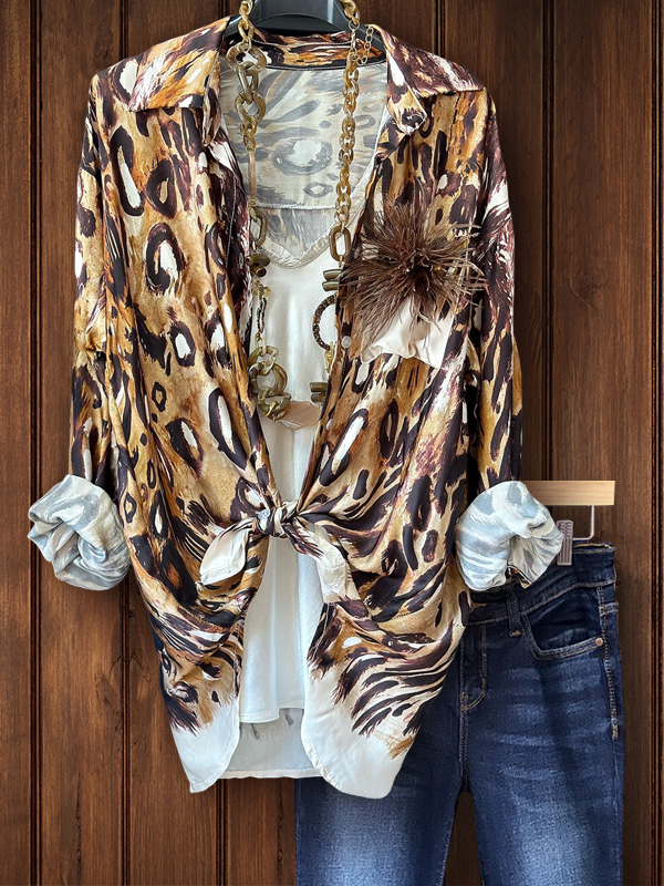 Retro Animal Print Feather Embellished Shirt