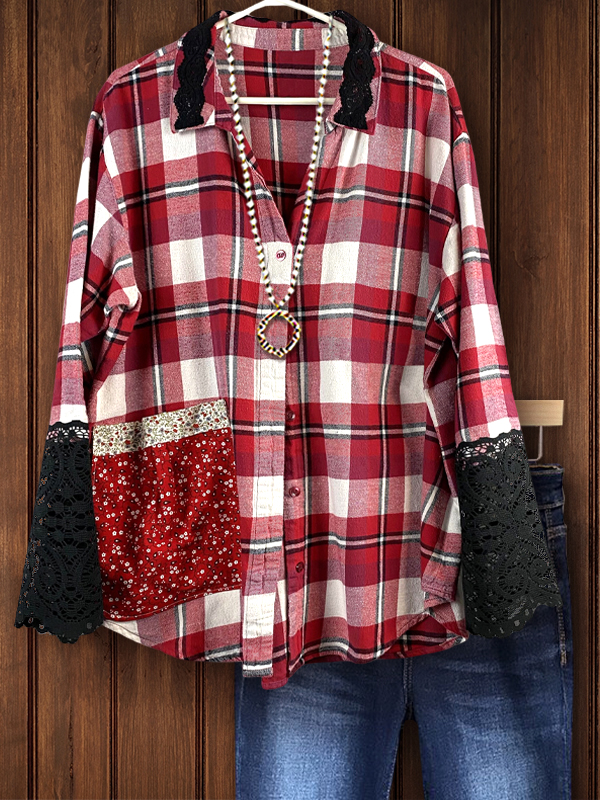 Red Plaid Lace Patchwork Shirt