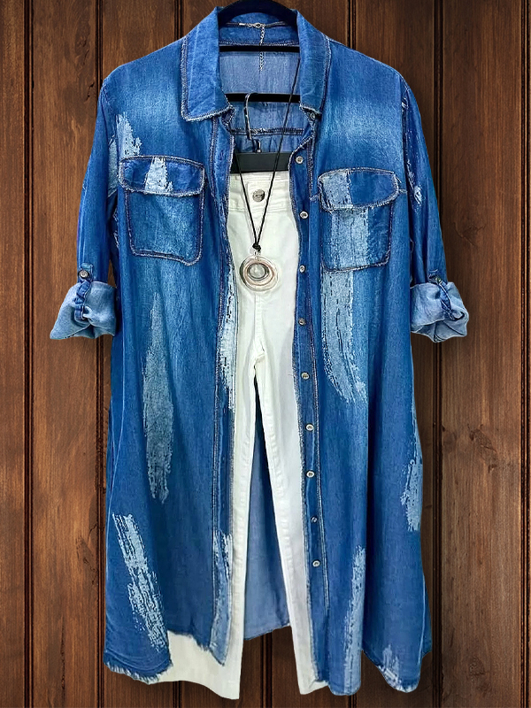 Retro Long Denim Roll-Sleeve Shirt