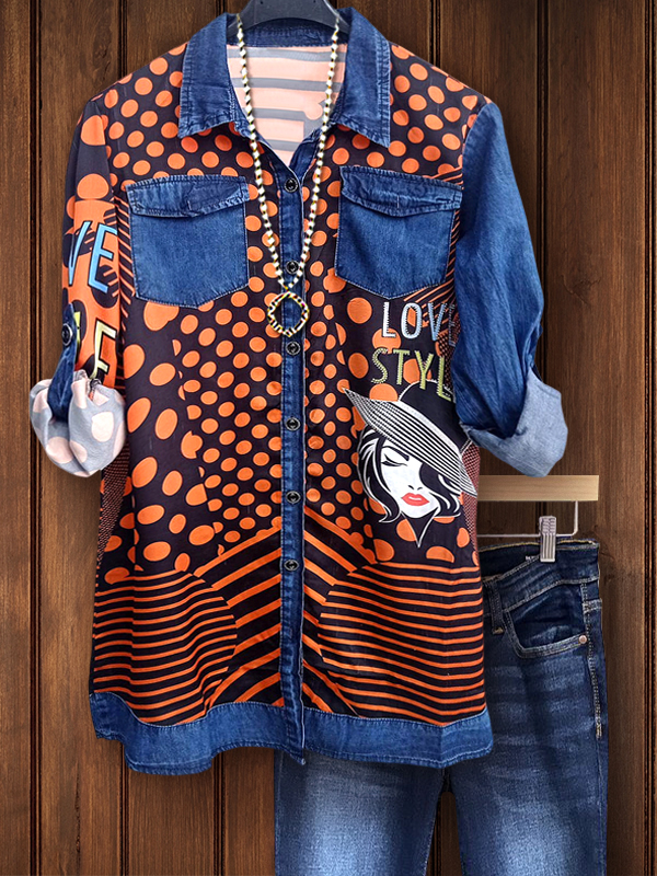 Retro Polka Dot Denim Patchwork Top