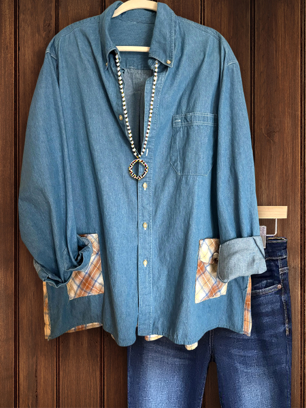 Casual Denim Plaid Patchwork Ruched Top