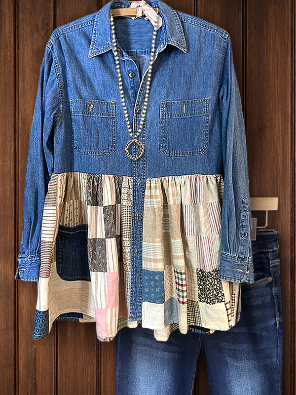 Country Mixed Print Denim Patchwork Top