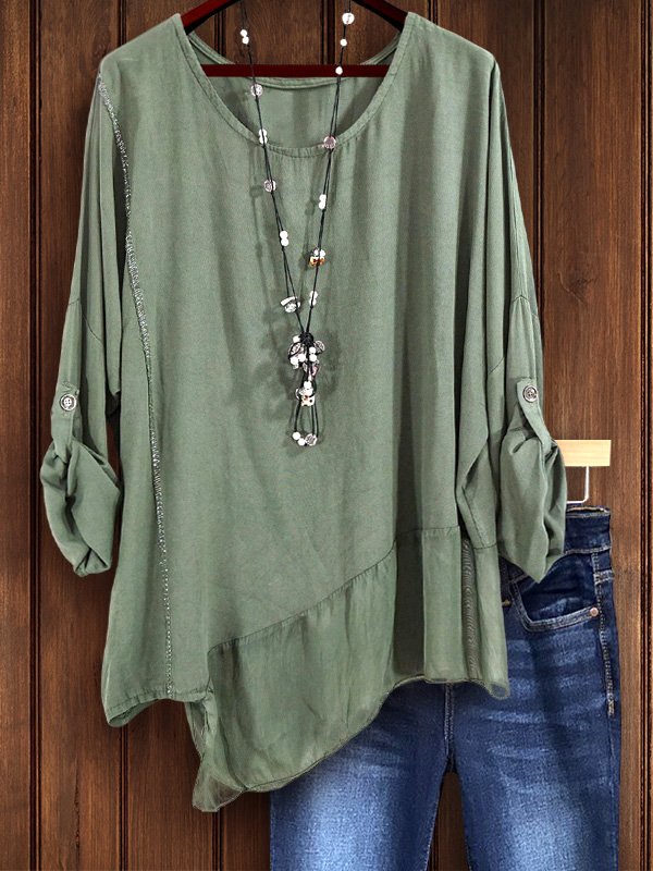 Drapey Irregular Hem Roll-Sleeve Top