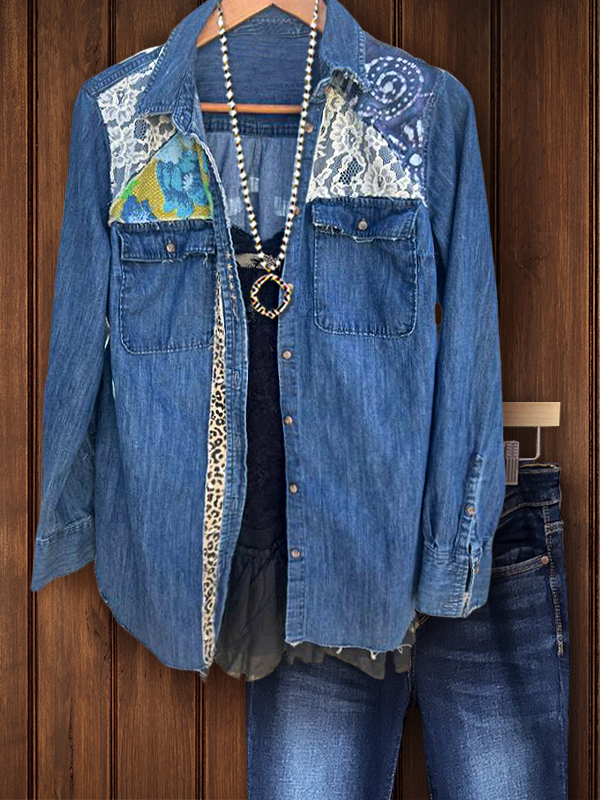 Casual Denim Lace Patchwork Top
