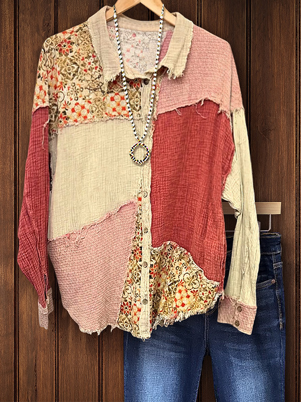Retro Texture Printed Patchwork Top