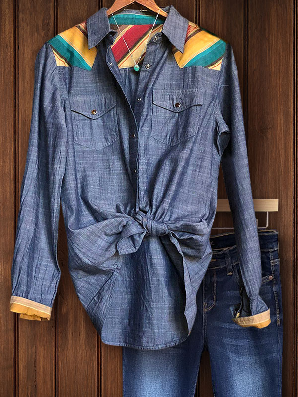 Denim Blue Striped Printed Patchwork Shirt