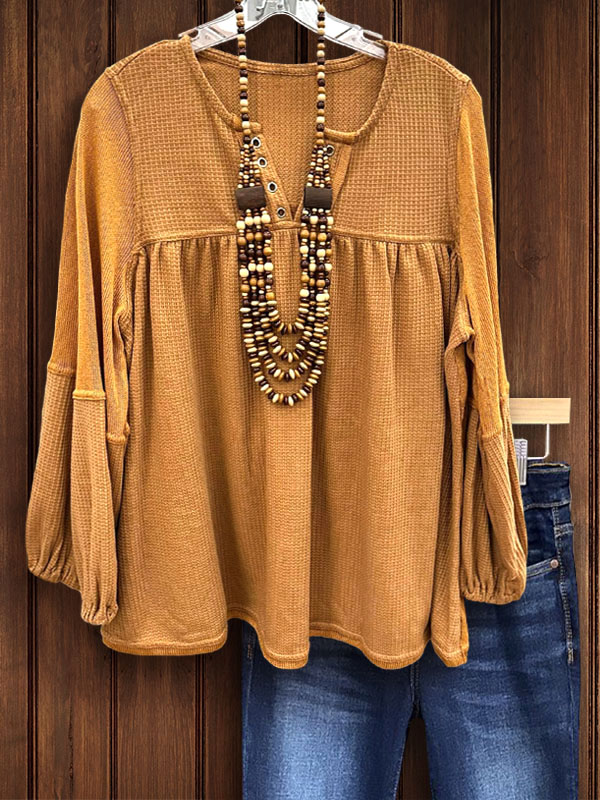 Casual Waffle Patchwork Notched V-Neck Top