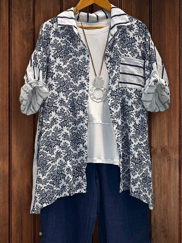 Cotton Floral Striped Print Patchwork Top