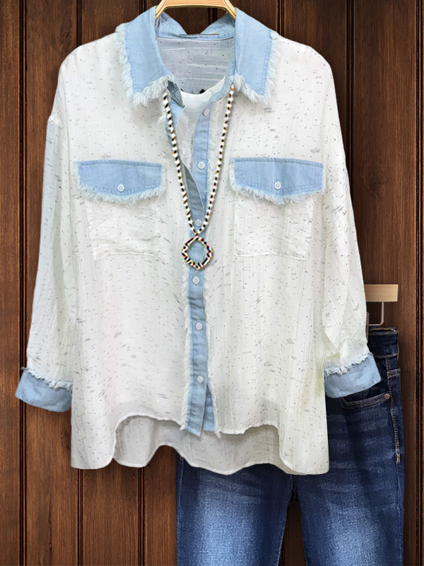 Casual Denim Patchwork Top With Raw Edges
