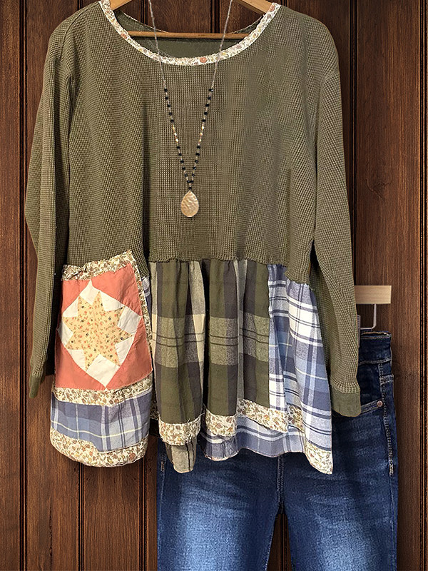 Casual Waffle Plaid Patchwork Top