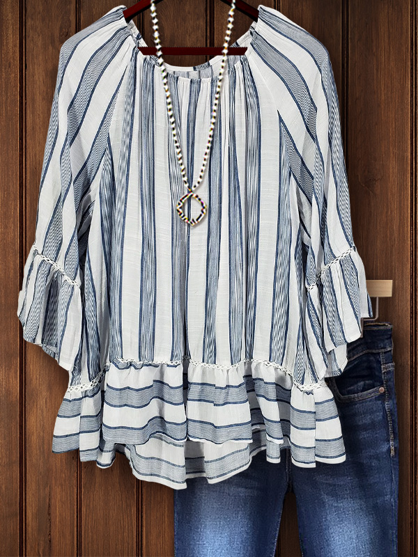 Casual Striped Web Ruffle Sleeve Top