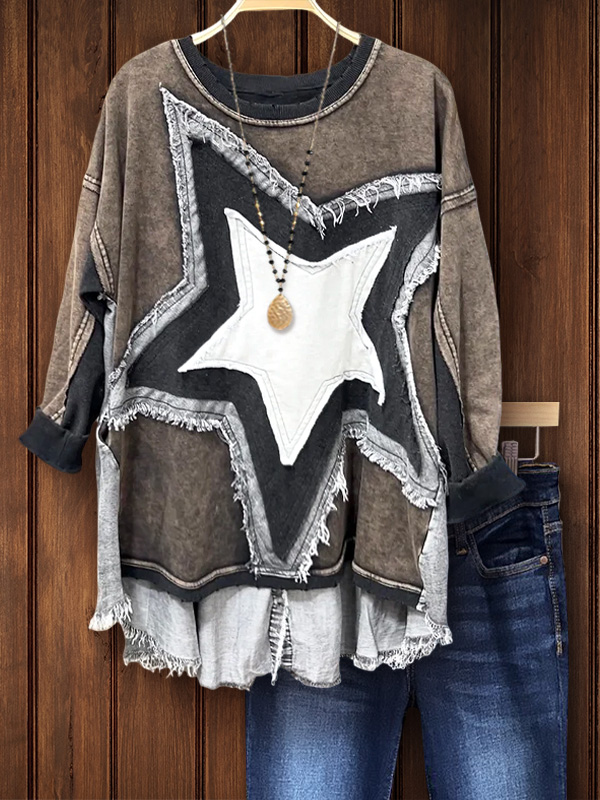 Retro Five-Pointed Star Patch Raw Edge Top