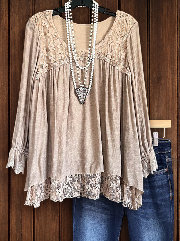 Charming Lace Patchwork Ruffled Sleeve Top