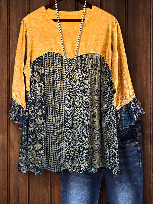 Retro Printed Patchwork Ruffle Sleeve Top