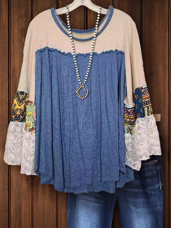 Casual Waffle Lace Patchwork Top