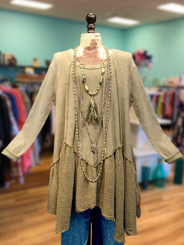 Vintage Waffle Ruffle Hem Top