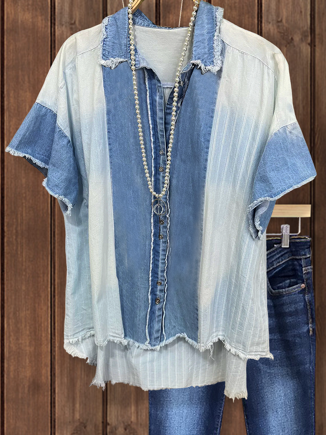 Denim Striped Gradient Ruffle Sleeve Top