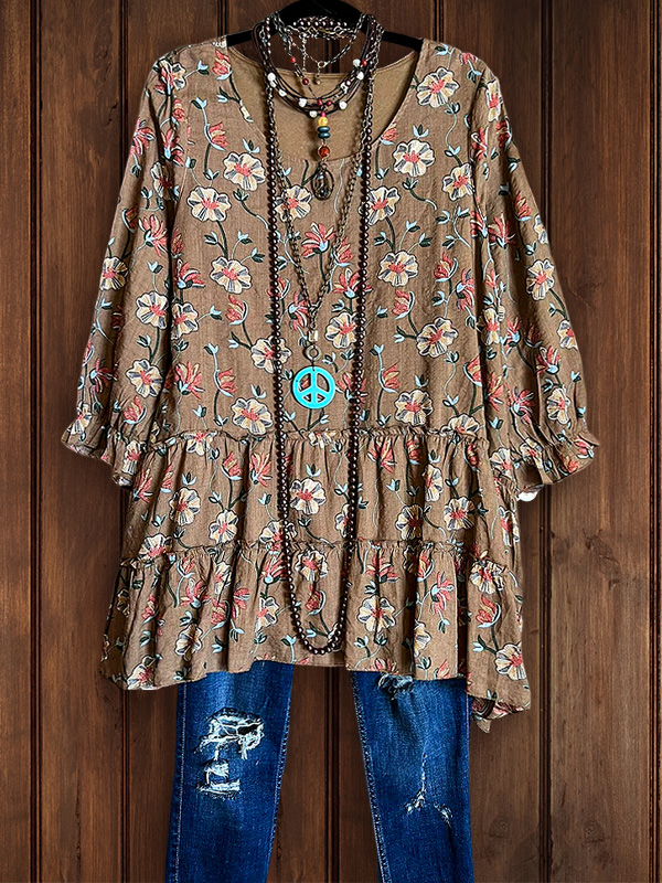 Vintage Floral Print Ruffle Babydoll Top