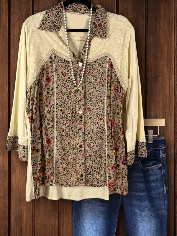 Vintage Lace Floral Print Patchwork Top