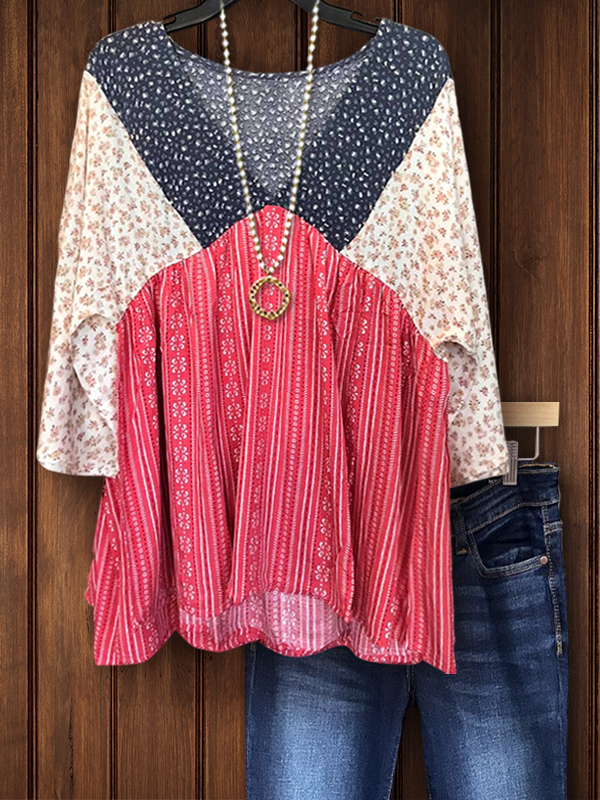 Vintage Mixed Print Babydoll Top