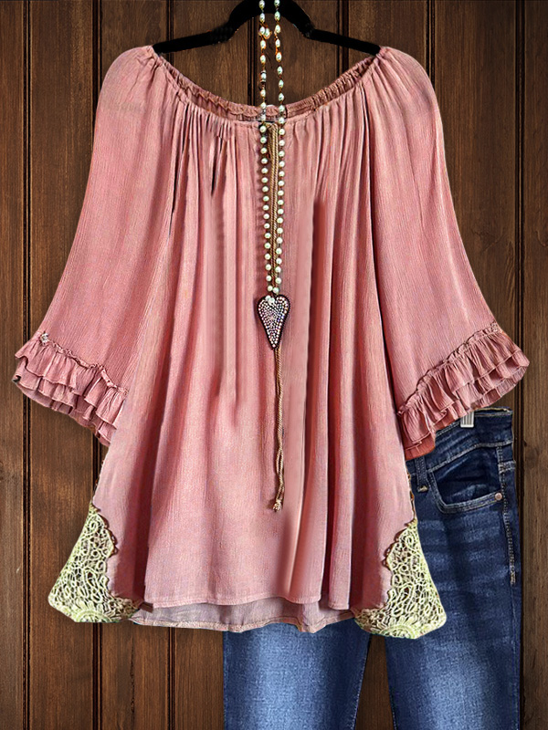 Textured Lace Patchwork Ruched Top