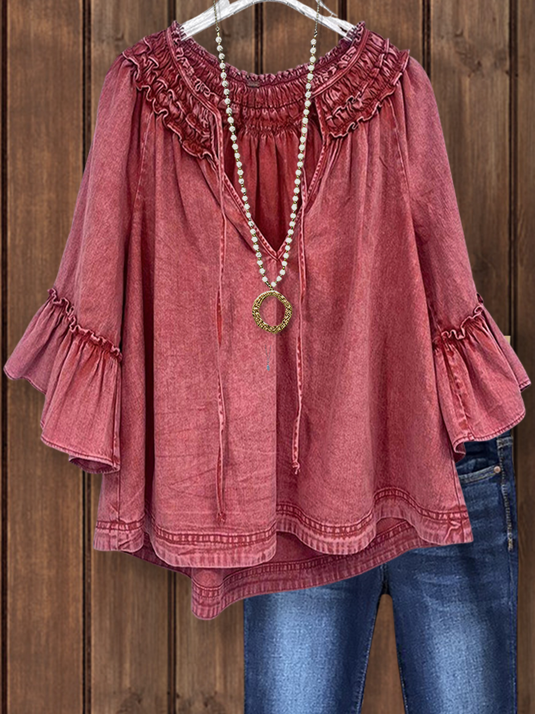 Vintage Solid Color Gathered Ruffle Sleeve Top