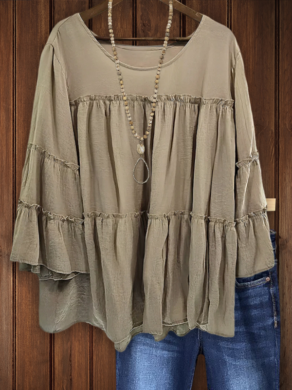 Textured Layered Hem Ruffle Sleeve Top
