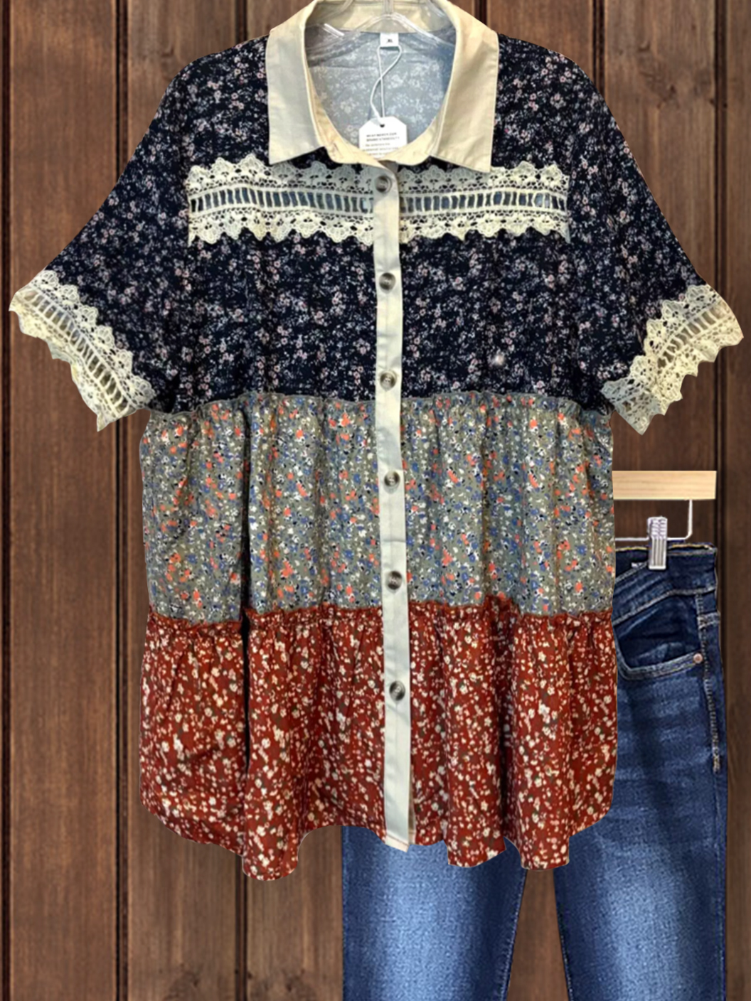 Retro Floral Lace Patchwork Shirt