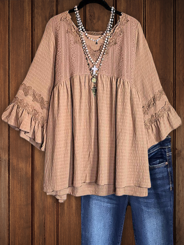 Textured Lace Patchwork Ruffle Sleeve Top