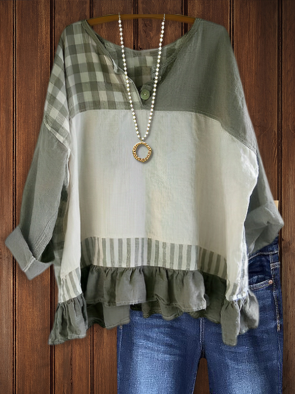 Cotton Linen Plaid Ruffle Hem Top