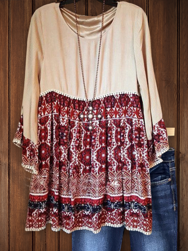 Retro Printed Patchwork Ruffle Sleeve Long Top