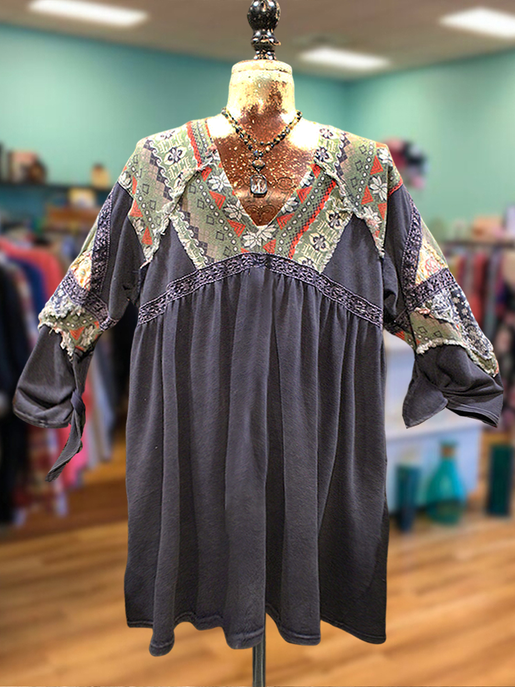 Ethnic Print Webbing Ruched Top