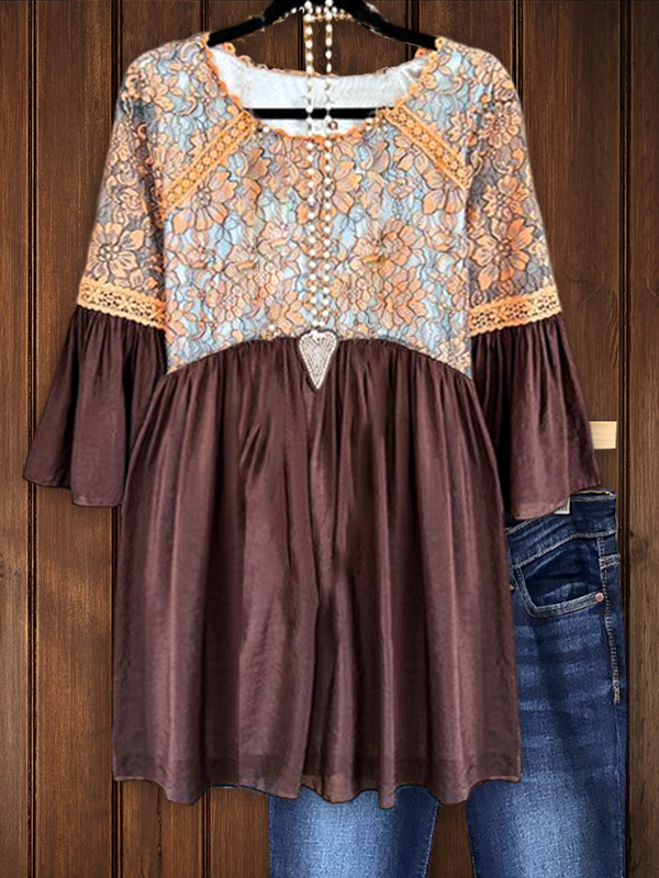 Vintage Lace Patchwork Ruffle Sleeve Top
