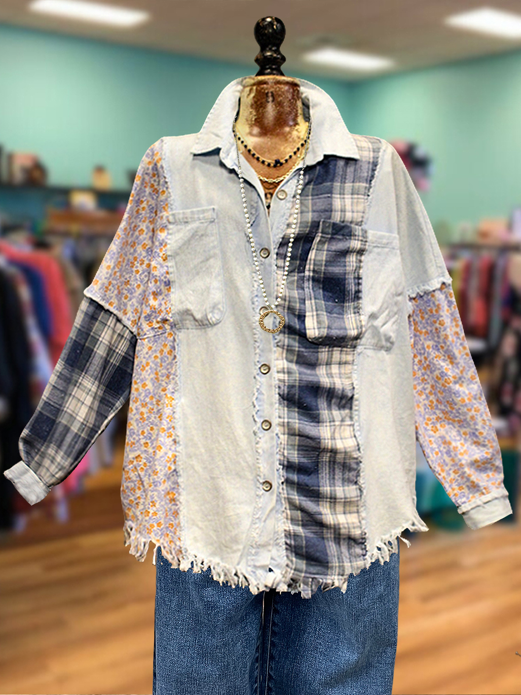 Pastoral Plaid Floral Patchwork Shirt