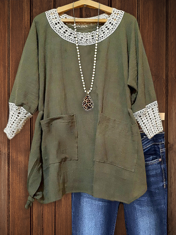Retro Cotton Linen Lace Patchwork Top