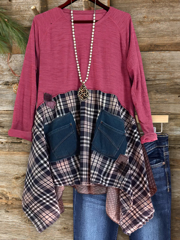 Retro Plaid Patchwork Top With Irregular Hem
