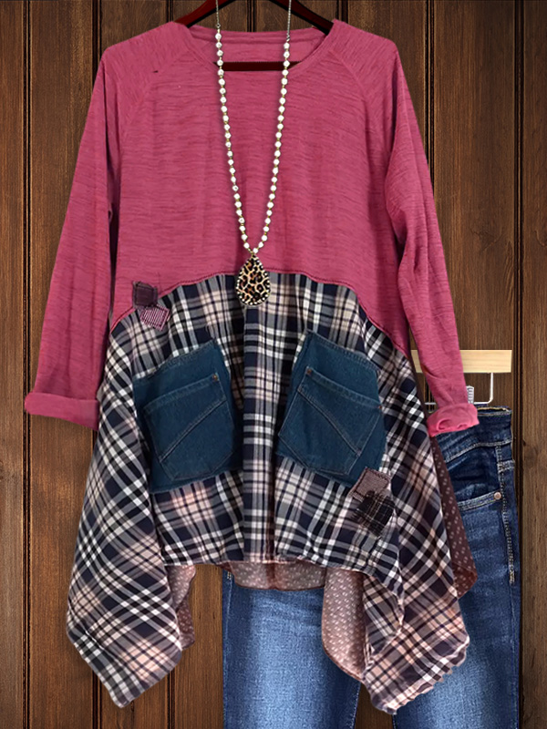 Retro Plaid Patchwork Top With Irregular Hem