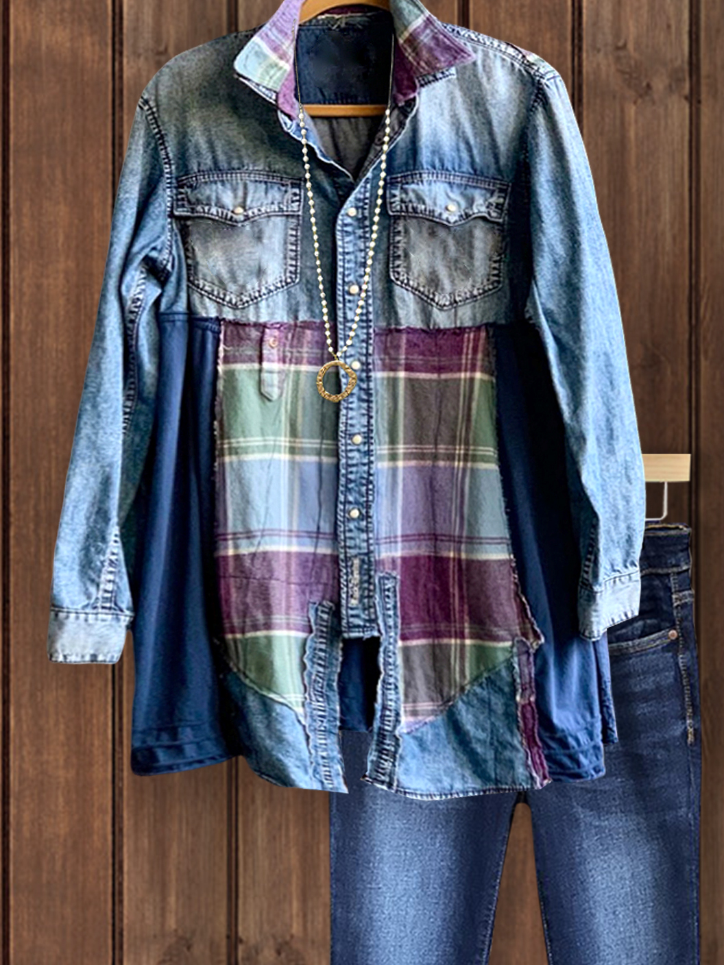 Vintage Denim Plaid Patchwork Jacket