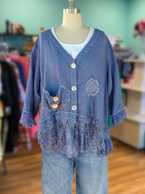 Pastoral Cotton Linen Lace Patchwork Top