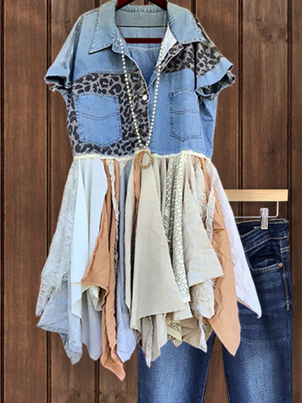 Casual Denim Leopard Print Patchwork Ruffle Top