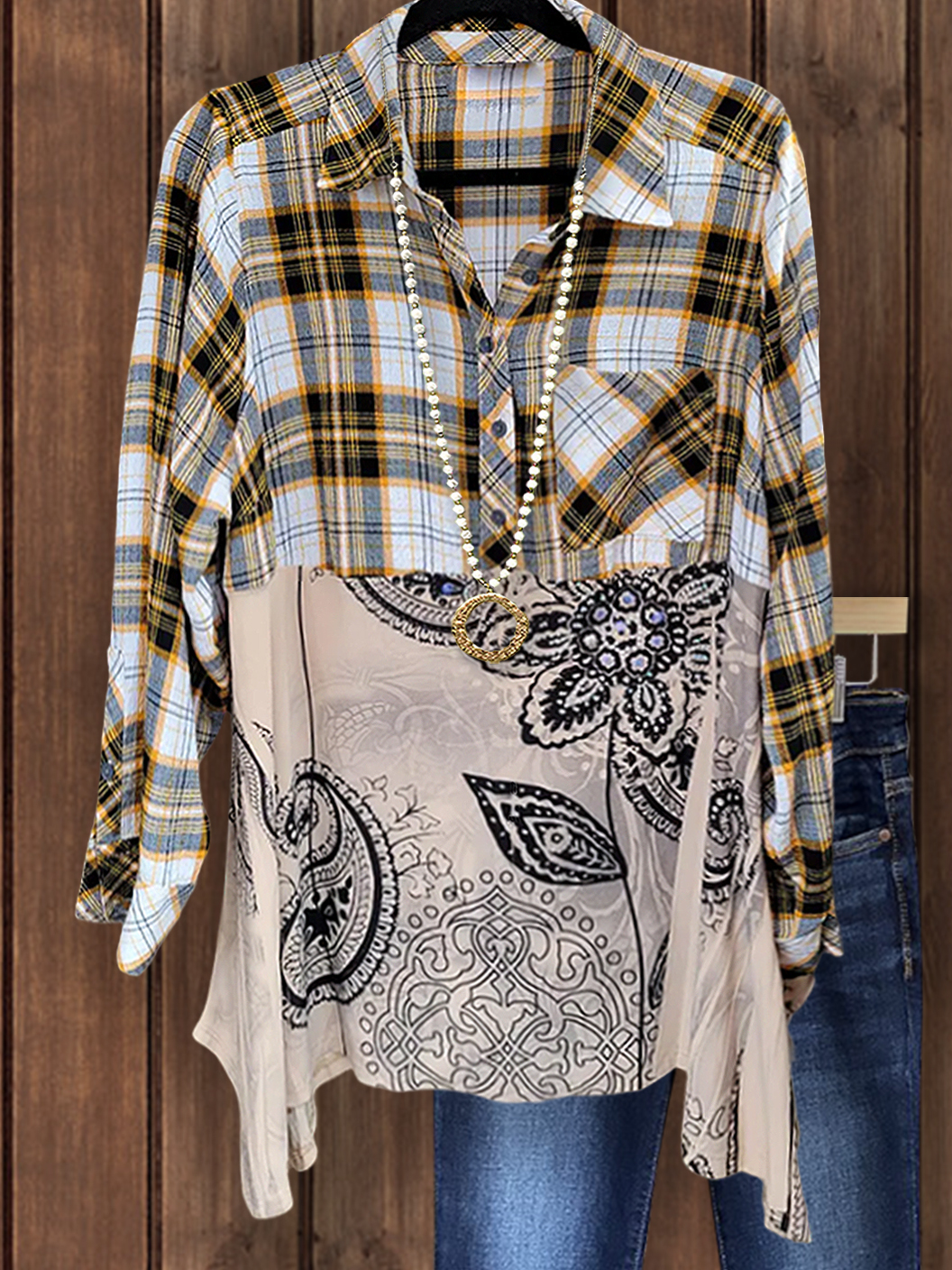 Casual Plaid Patchwork Shirt Collar Top