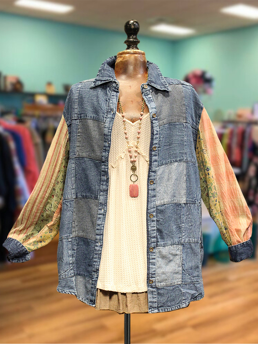 Casual Denim Printed Patchwork Top