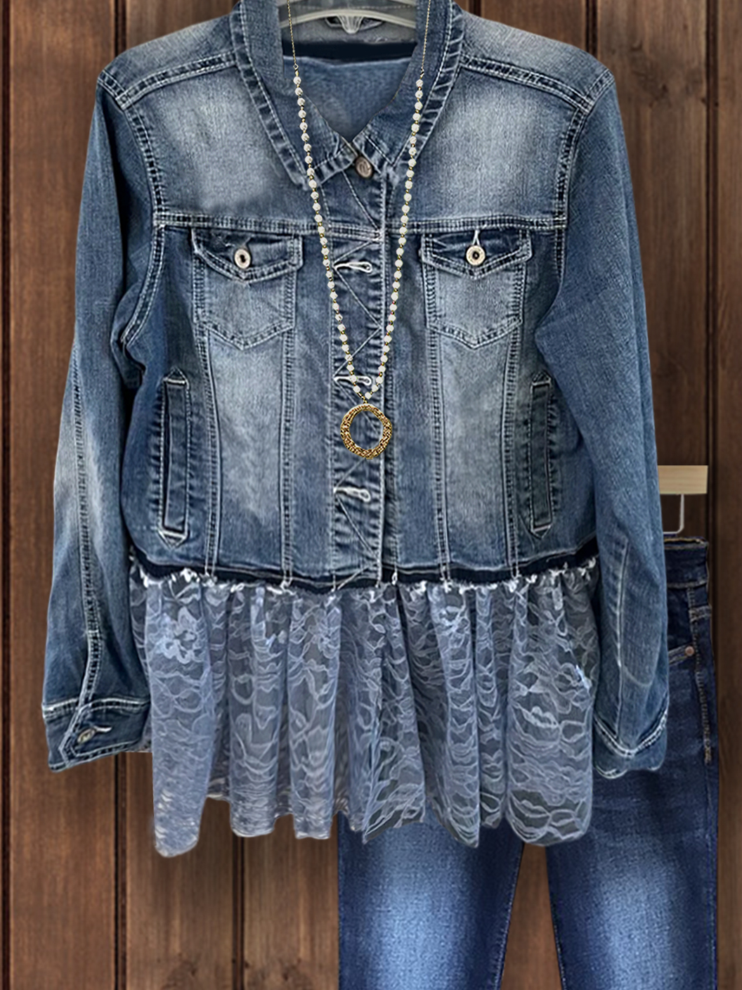 Casual Denim Lace Hem Jacket