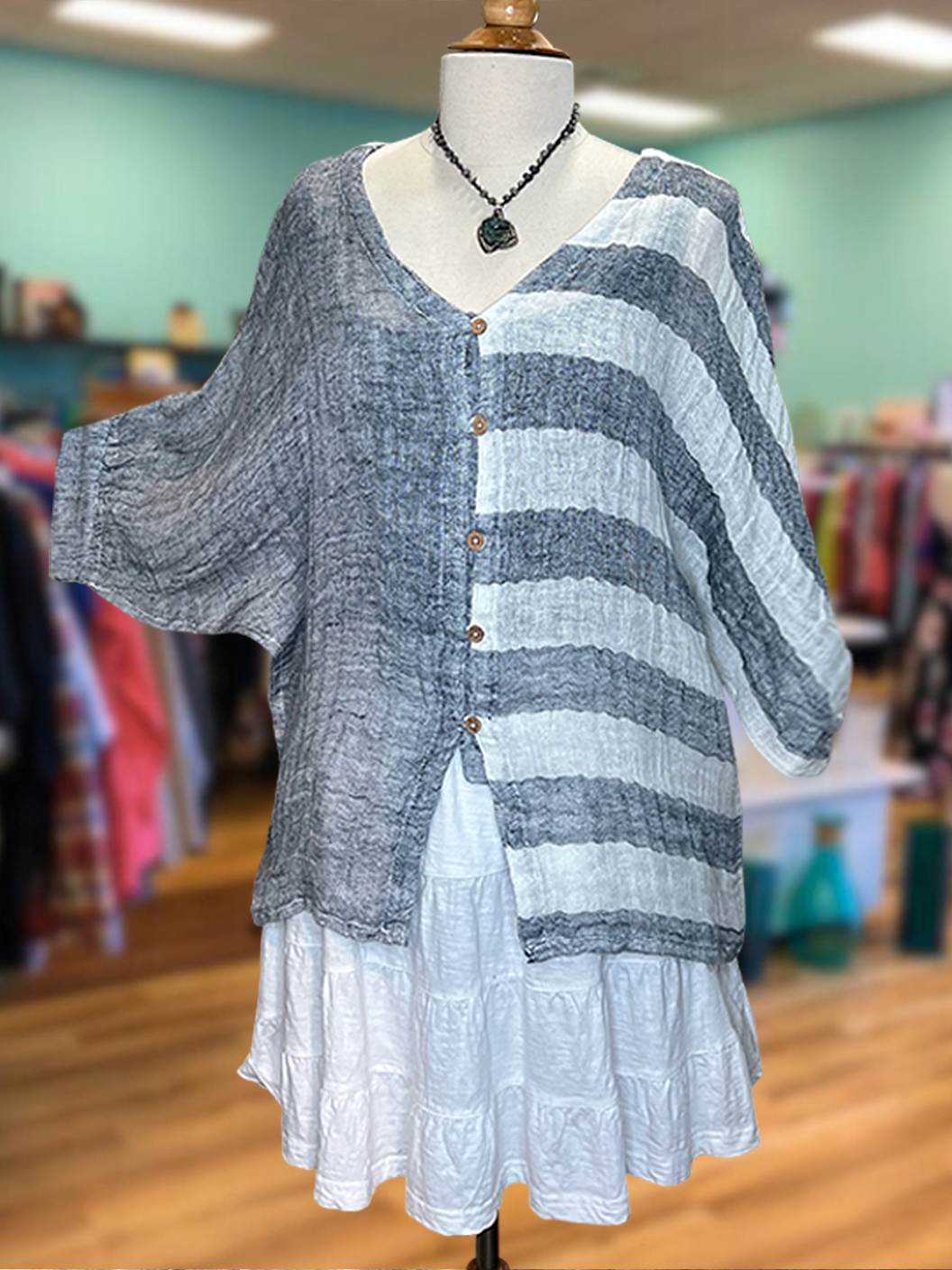 Textured Cotton Linen Striped Patchwork Top
