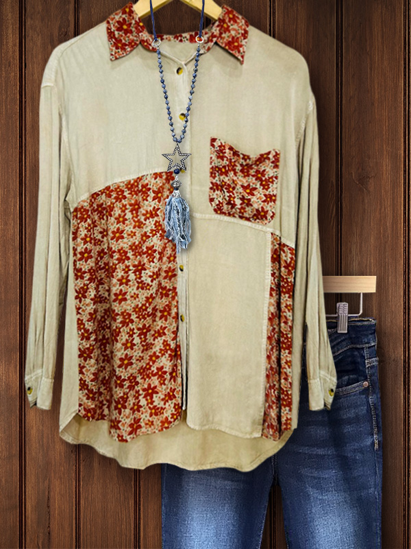 Retro Floral Print Patchwork Shirt